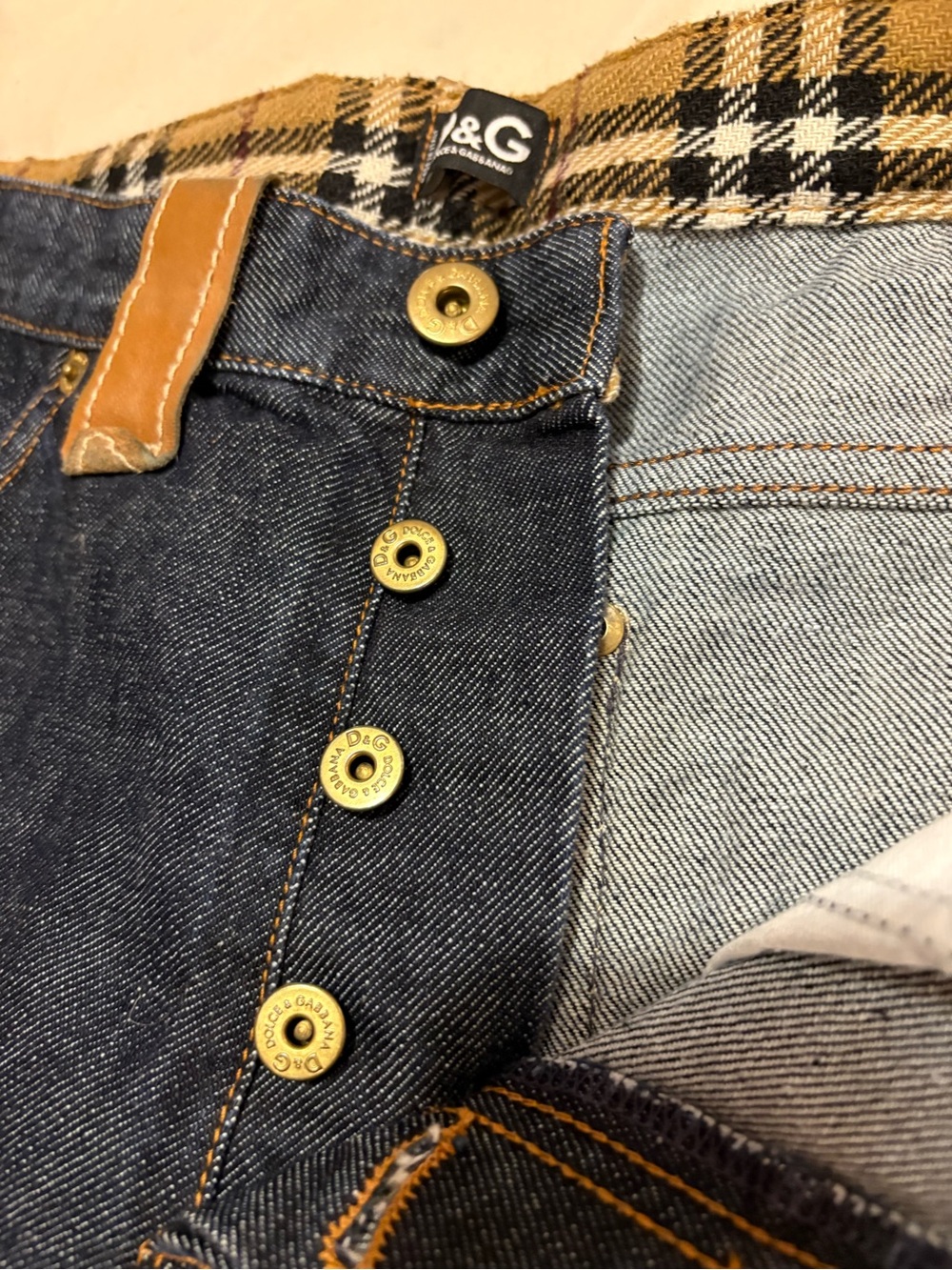 Dolce & Gabbana Men's Dark Blue Denim Jeans with Brown Leather Trim - Picture 5 of 7